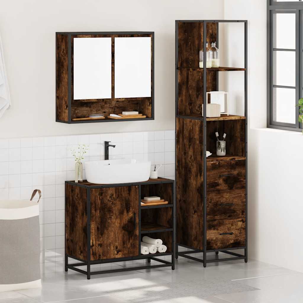 Set Mobili da Bagno 3 pz Rovere Fumo in Legno Multistrato | homemem39
