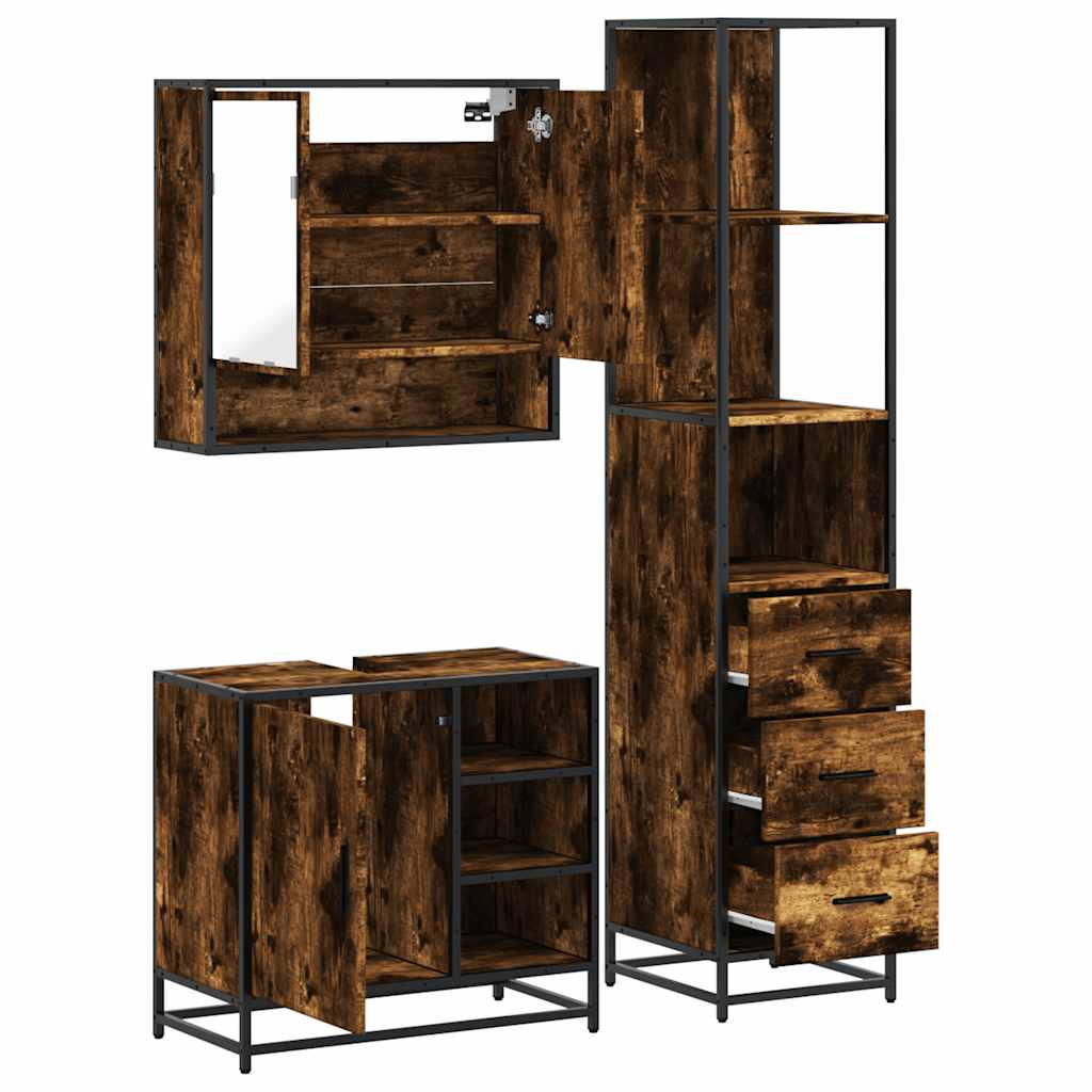 Set Mobili da Bagno 3 pz Rovere Fumo in Legno Multistrato | homemem39