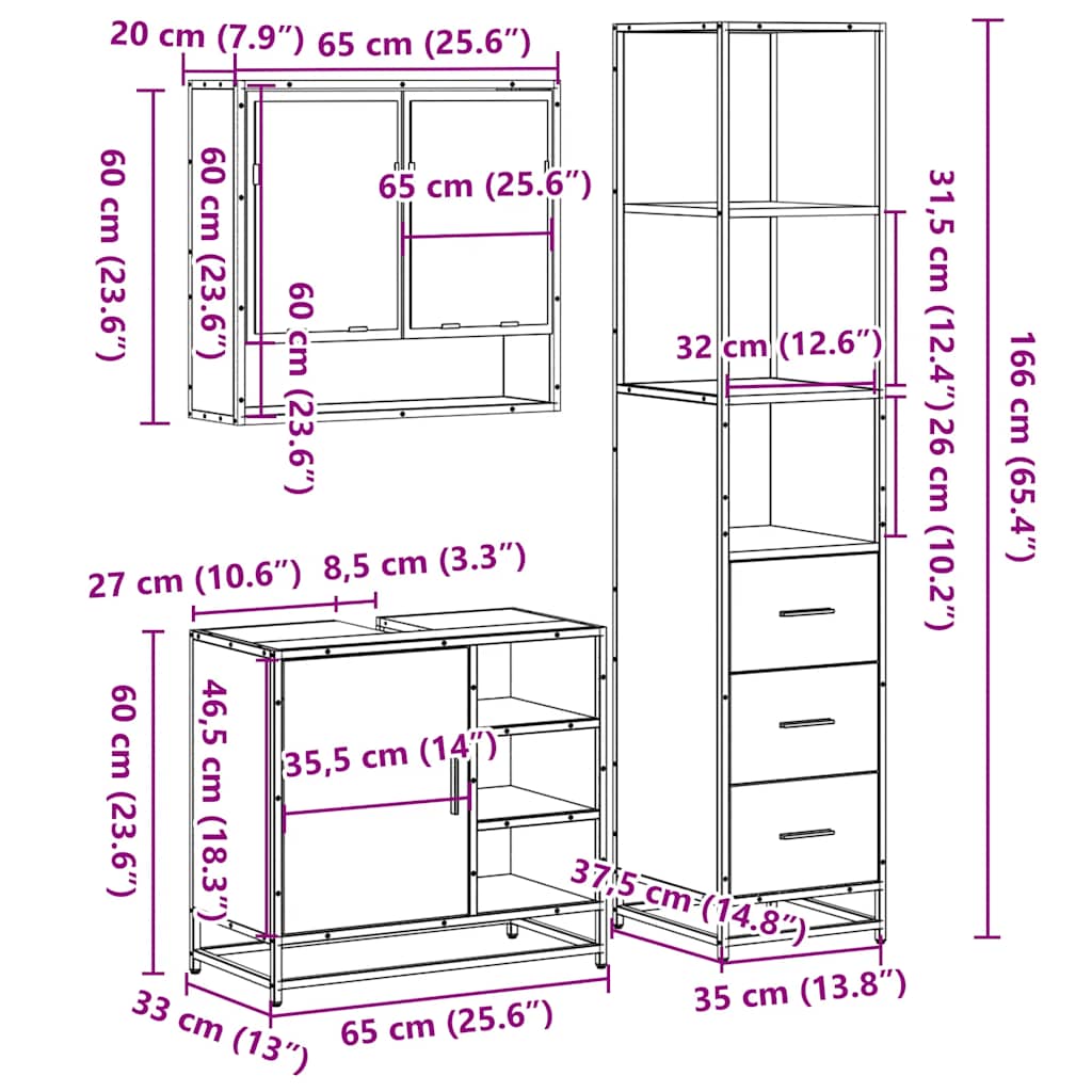 Set Mobili da Bagno 3 pz Rovere Fumo in Legno Multistrato | homemem39