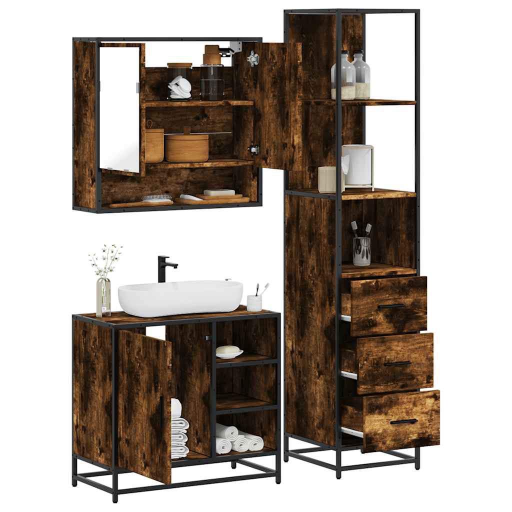 Set Mobili da Bagno 3 pz Rovere Fumo in Legno Multistrato | homemem39