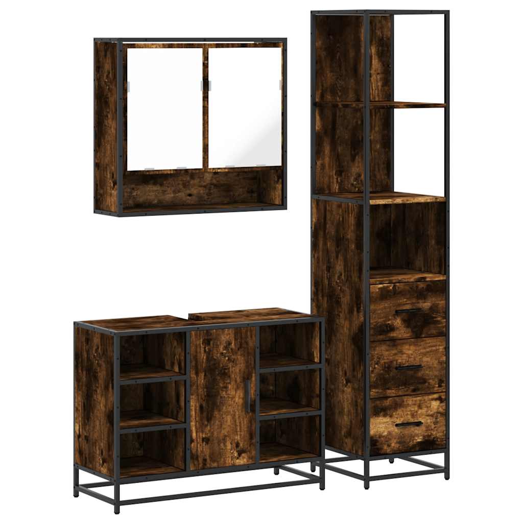 Set Mobili da Bagno 3 pz Rovere Fumo in Legno Multistrato | homemem39