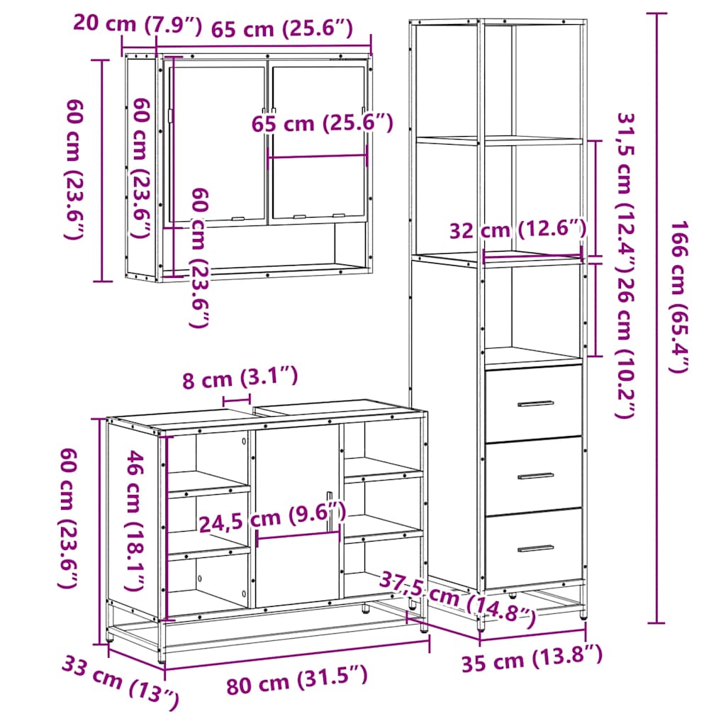 Set Mobili da Bagno 3 pz Rovere Fumo in Legno Multistrato | homemem39