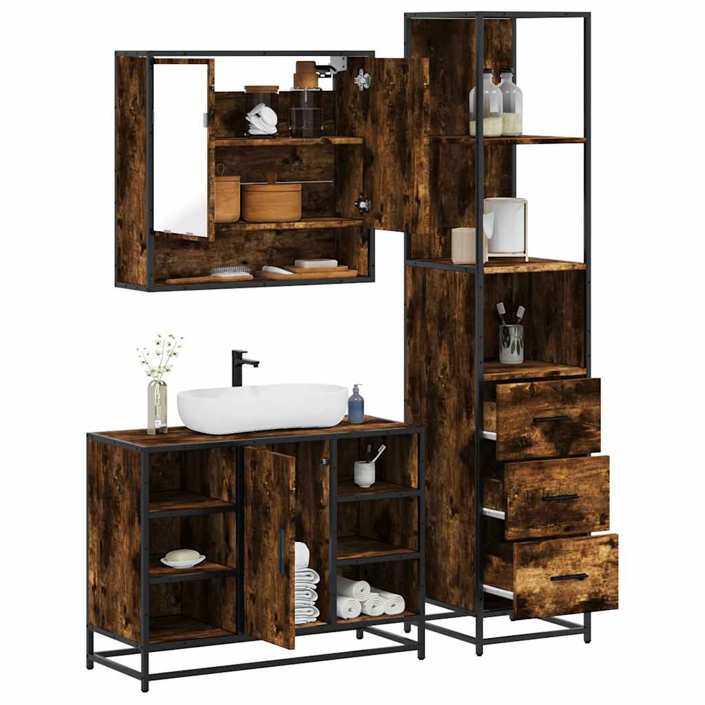 Set Mobili da Bagno 3 pz Rovere Fumo in Legno Multistrato | homemem39