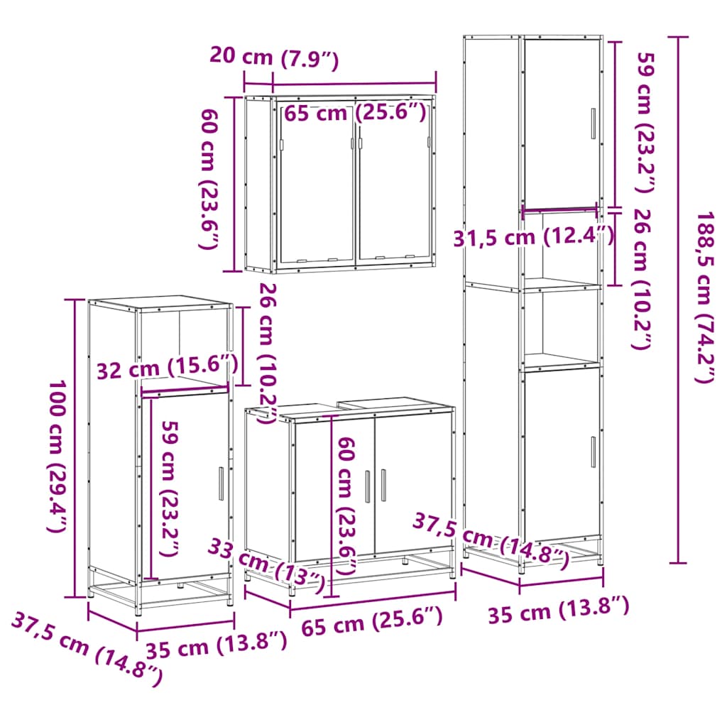 Set Mobili da Bagno 4 pz Rovere Fumo in Legno Multistrato | homemem39