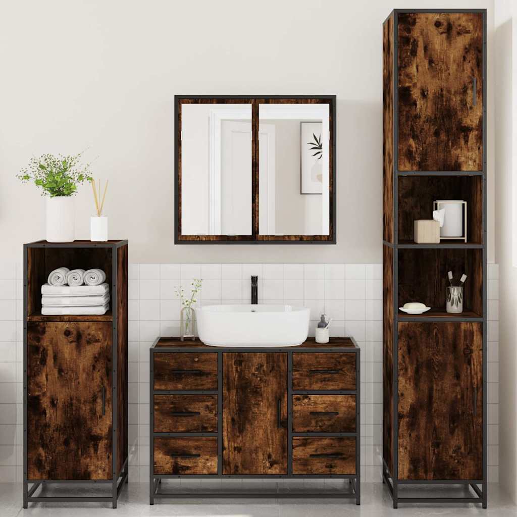 Set Mobili da Bagno 4 pz Rovere Fumo in Legno Multistrato | homemem39