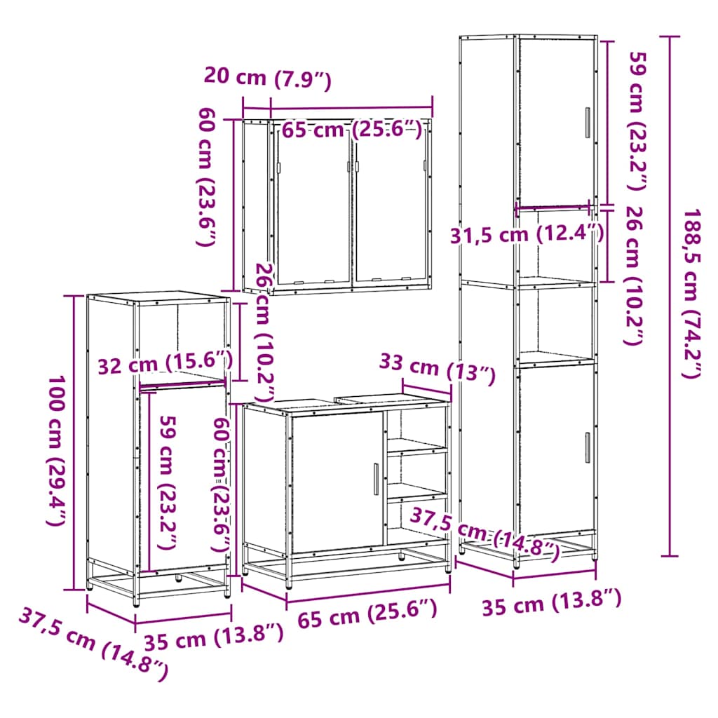 Set Mobili da Bagno 4 pz Rovere Sonoma in Legno Multistrato | homemem39