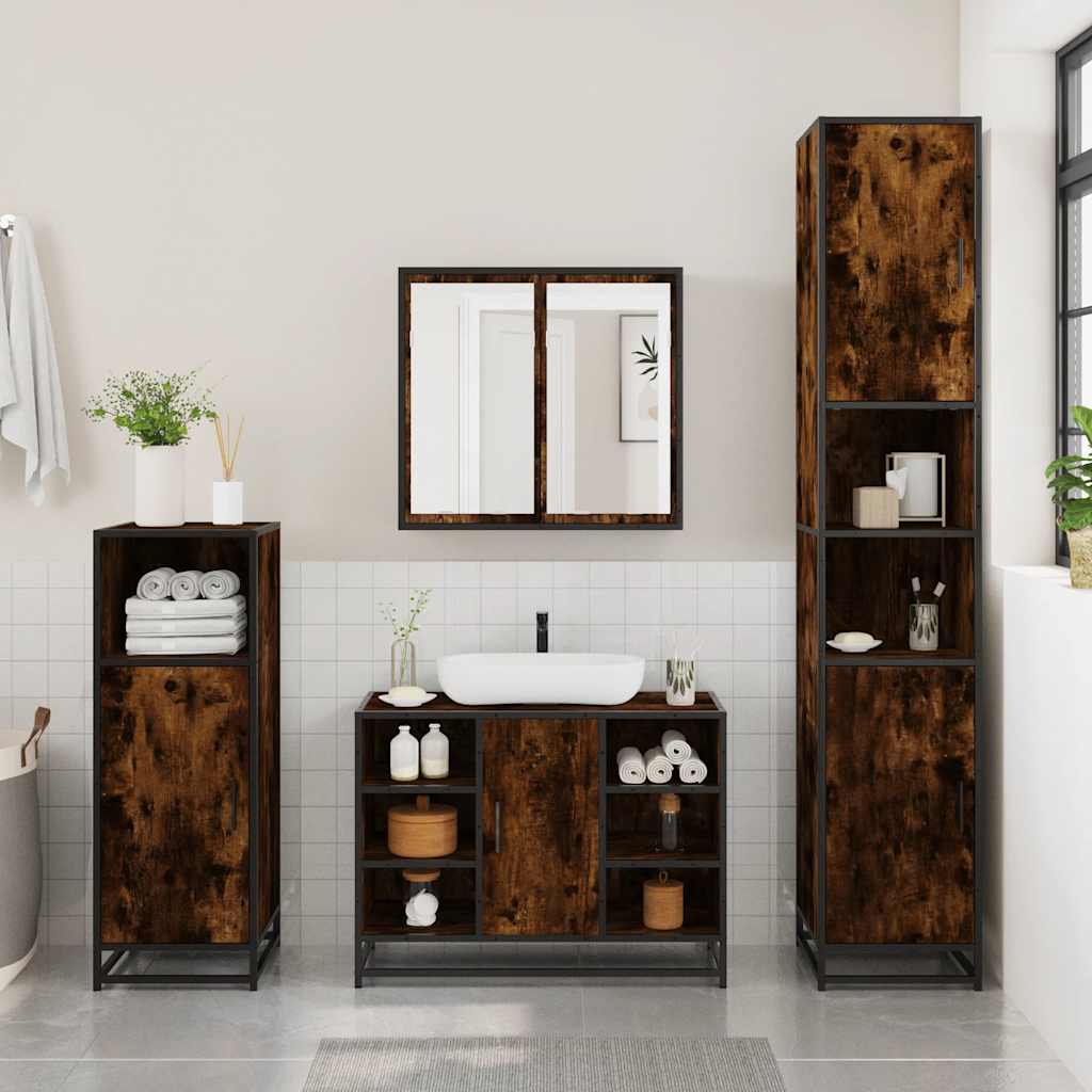 Set Mobili da Bagno 4 pz Rovere Fumo in Legno Multistrato | homemem39