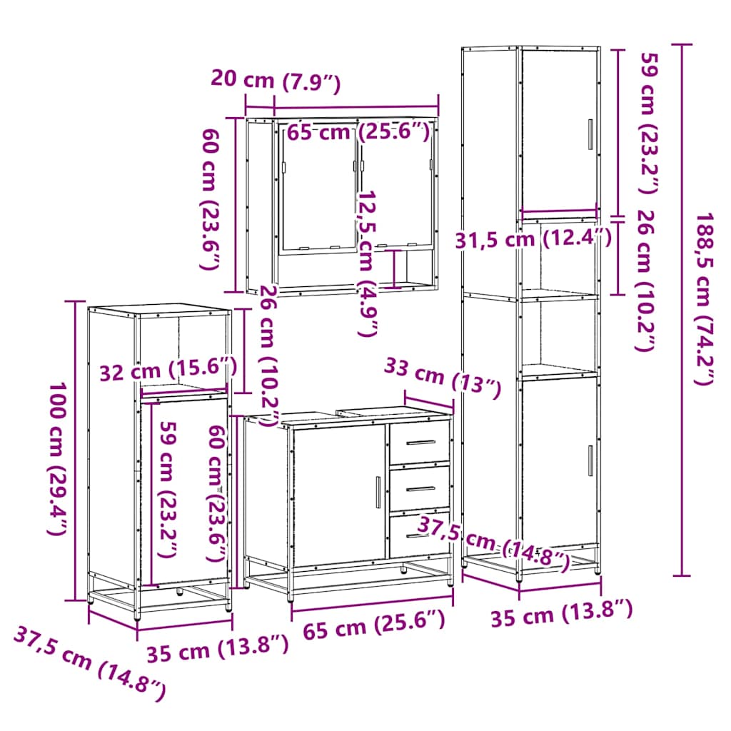 Set Mobili da Bagno 4 pz Rovere Sonoma in Legno Multistrato | homemem39