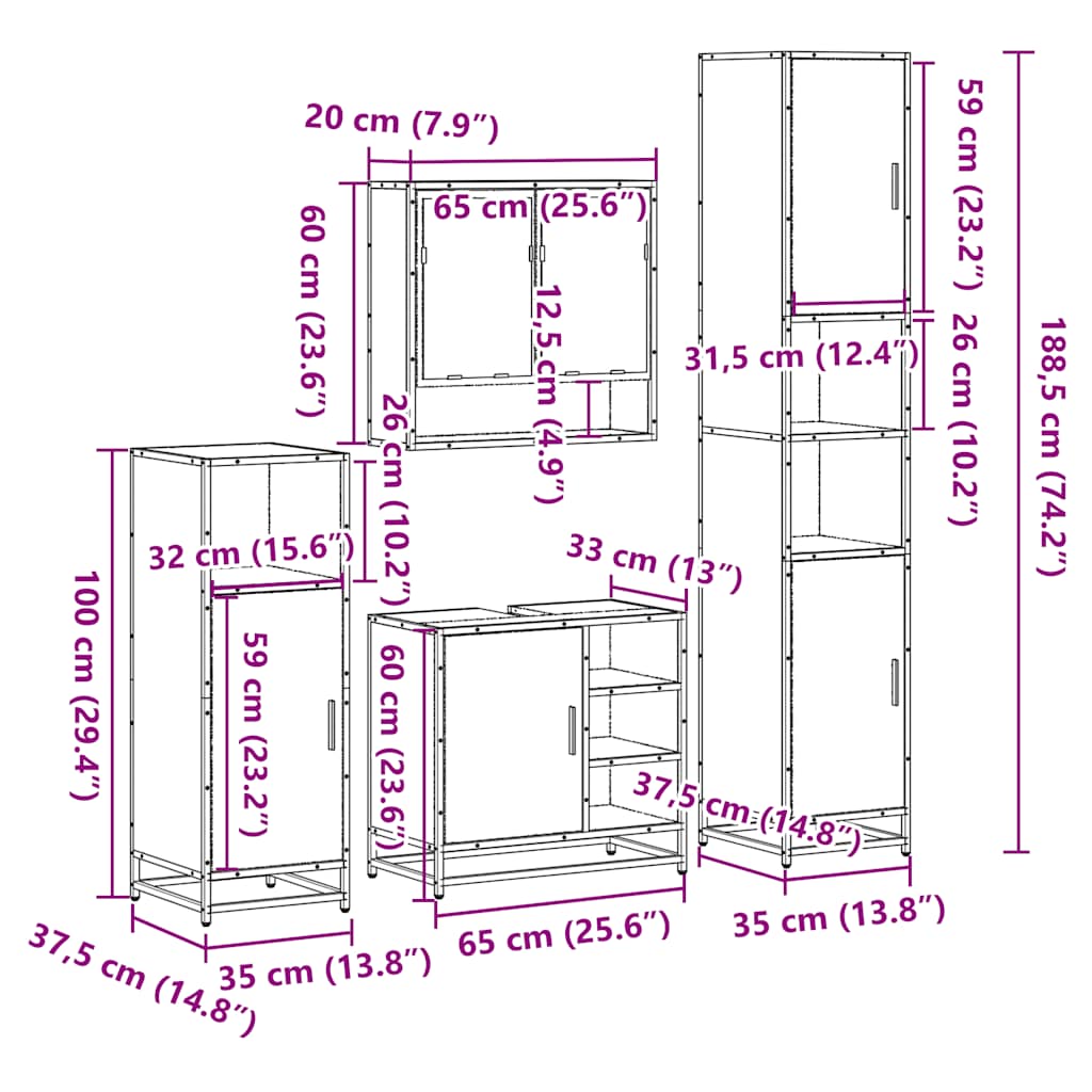 Set Mobili da Bagno 4 pz Rovere Sonoma in Legno Multistrato | homemem39