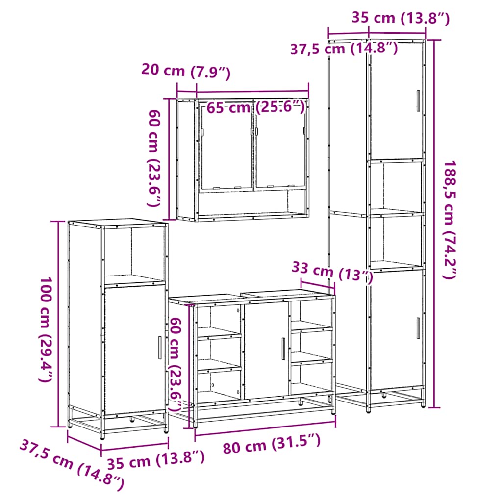 Set Mobili da Bagno 4 pz Rovere Sonoma in Legno Multistrato | homemem39