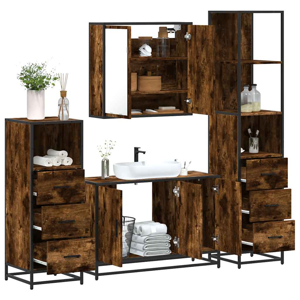 Set Mobili da Bagno 4 pz Rovere Fumo in Legno Multistrato | homemem39