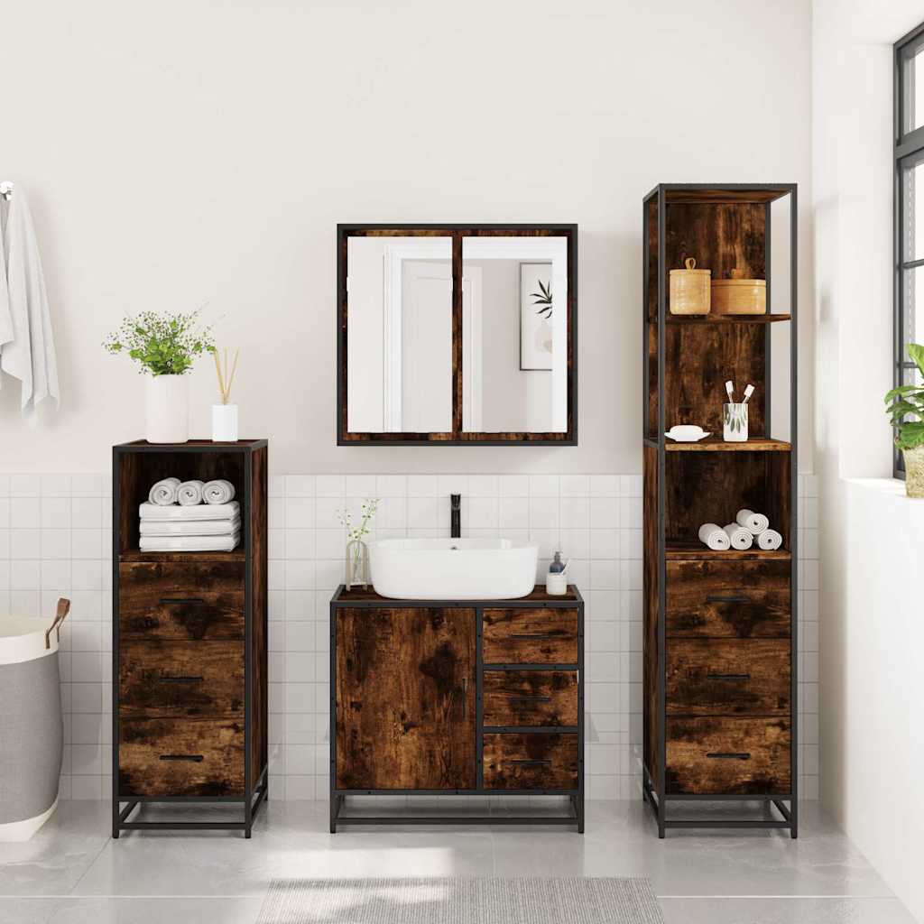 Set Mobili da Bagno 4 pz Rovere Fumo in Legno Multistrato | homemem39