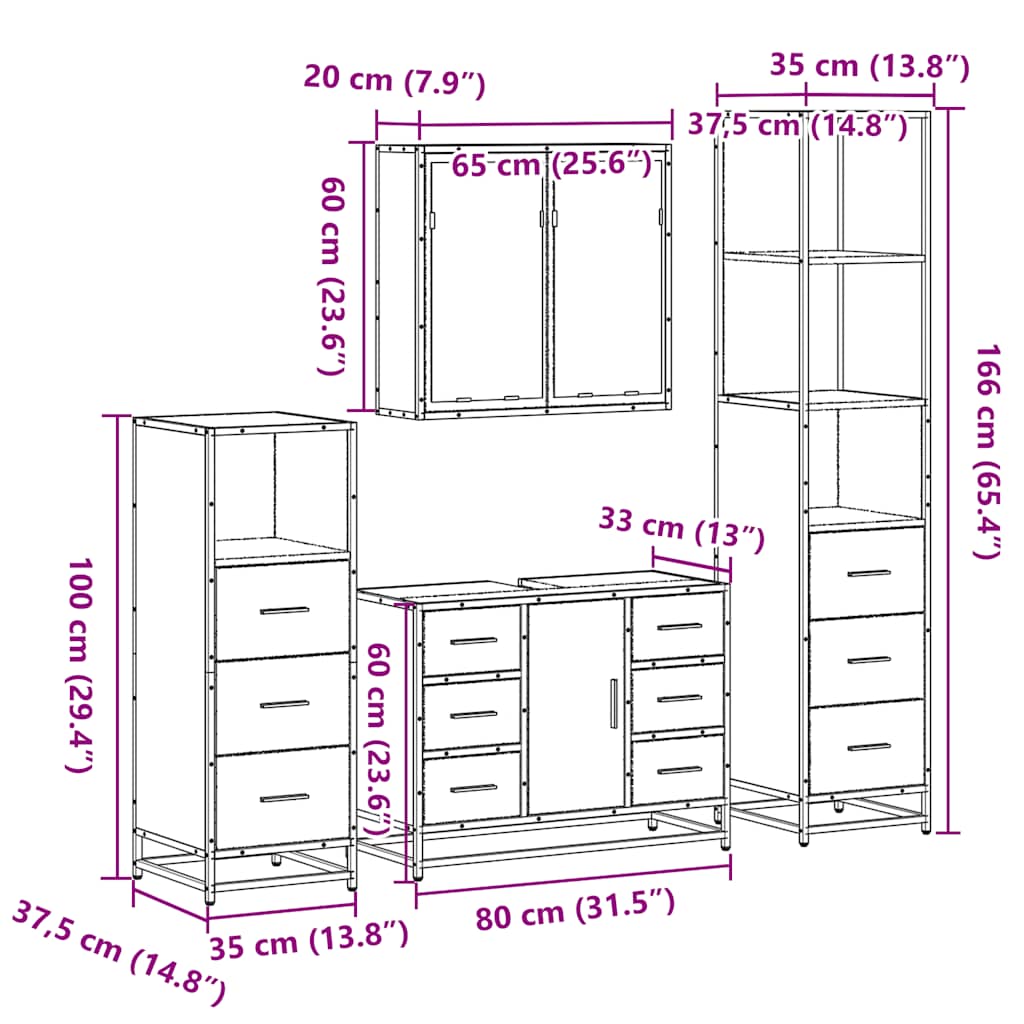 Set Mobili da Bagno 4 pz Rovere Sonoma in Legno Multistrato | homemem39