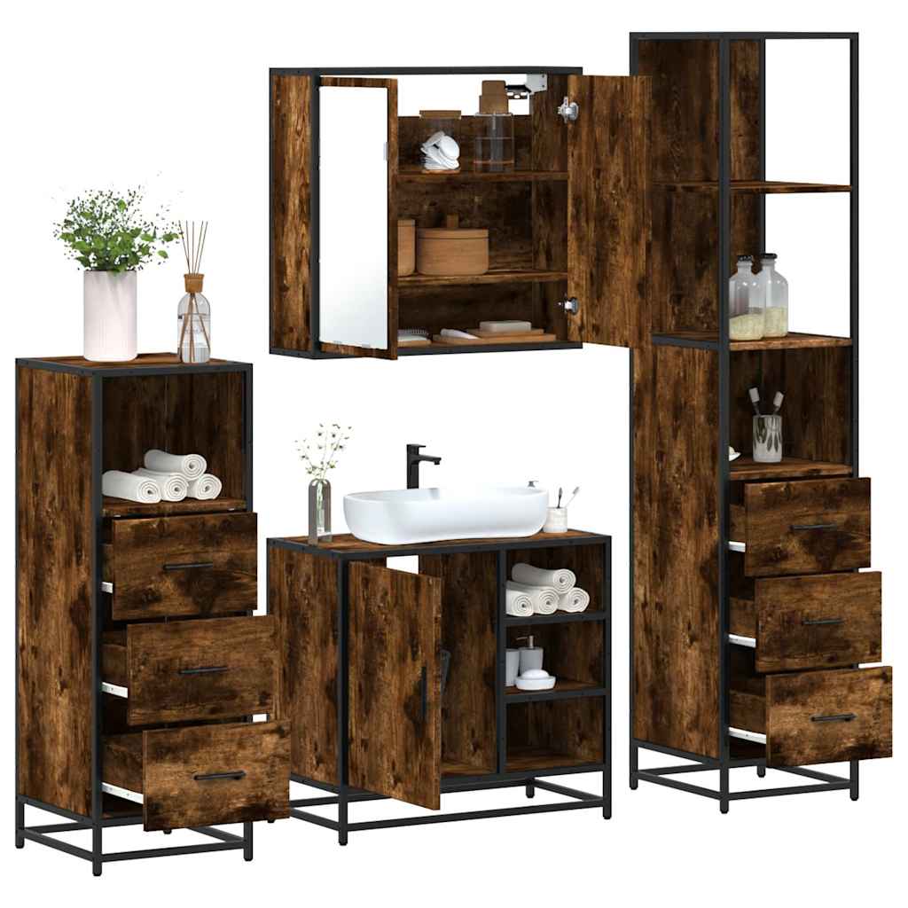 Set Mobili da Bagno 4 pz Rovere Fumo in Legno Multistrato | homemem39