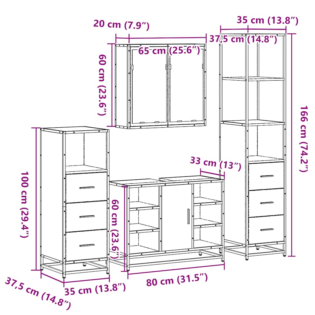 Set Mobili da Bagno 4 pz Rovere Fumo in Legno Multistrato | homemem39