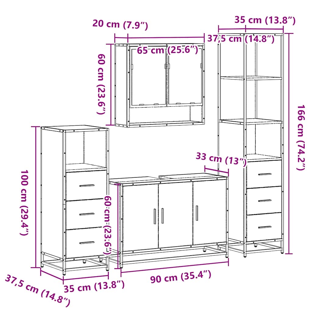 Set Mobili da Bagno 4 pz Rovere Fumo in Legno Multistrato | homemem39
