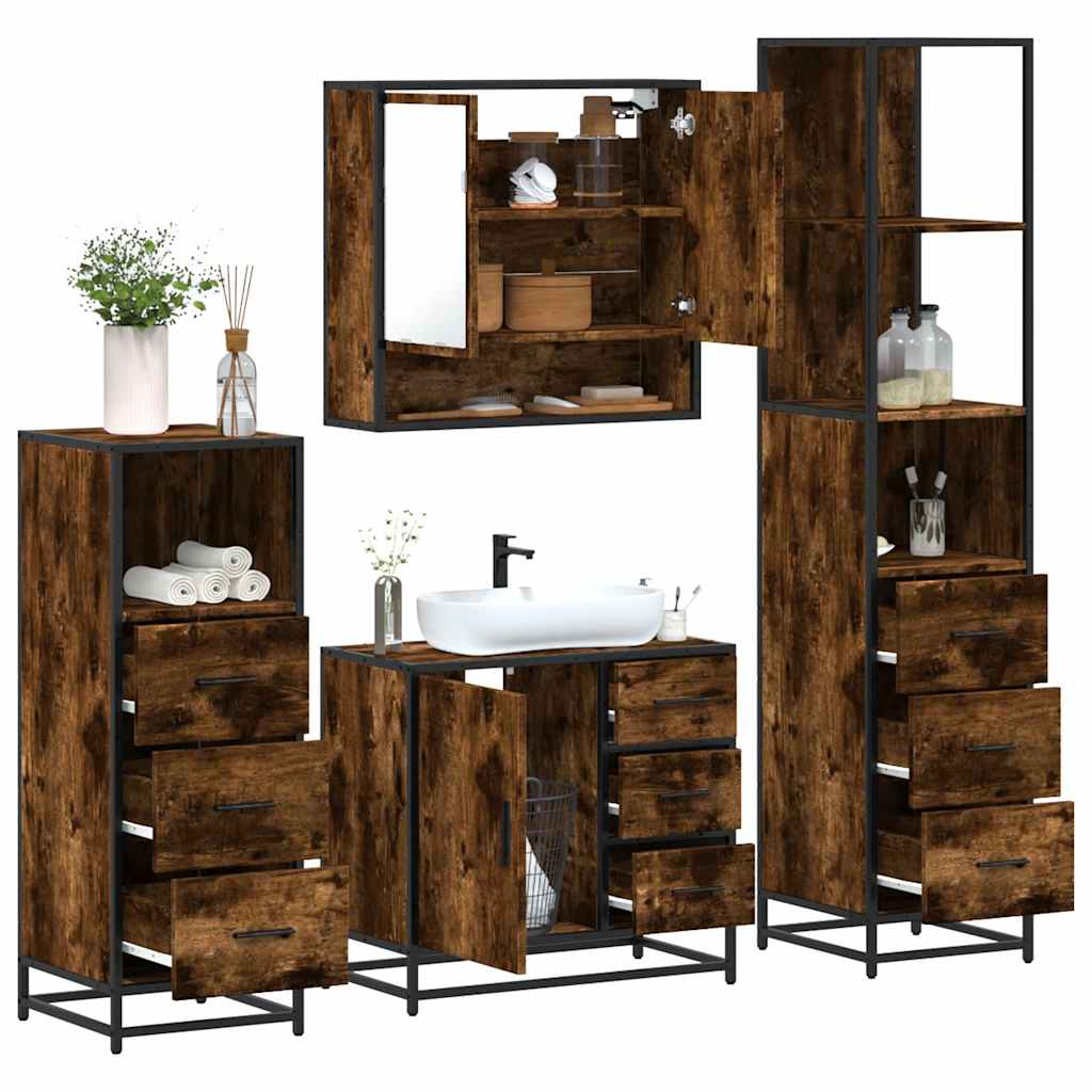 Set Mobili da Bagno 4 pz Rovere Fumo in Legno Multistrato | homemem39
