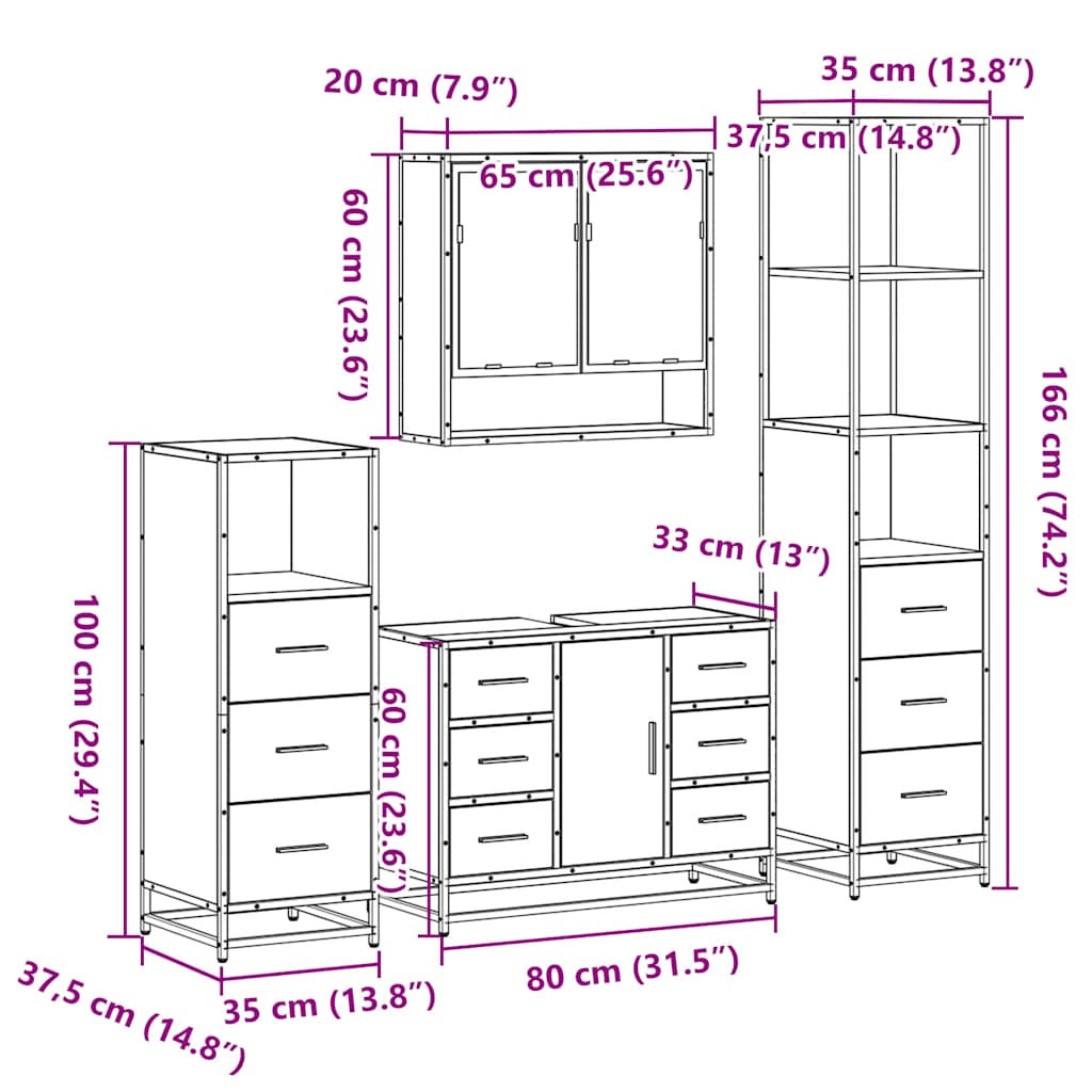 Set Mobili da Bagno 4 pz Rovere Fumo in Legno Multistrato | homemem39