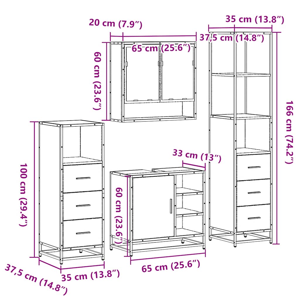 Set Mobili da Bagno 4 pz Rovere Fumo in Legno Multistrato | homemem39