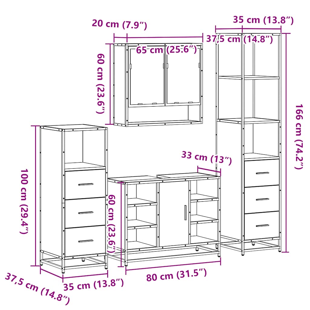 Set Mobili da Bagno 4 pz Rovere Fumo in Legno Multistrato | homemem39