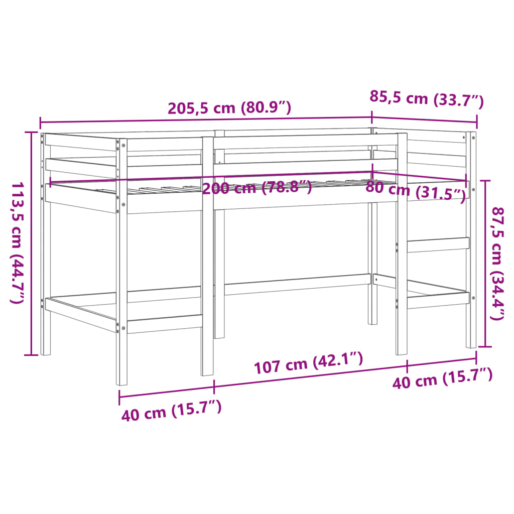 Letto Soppalco con Scala Bambini Marrone 80x200cm Massello Pino