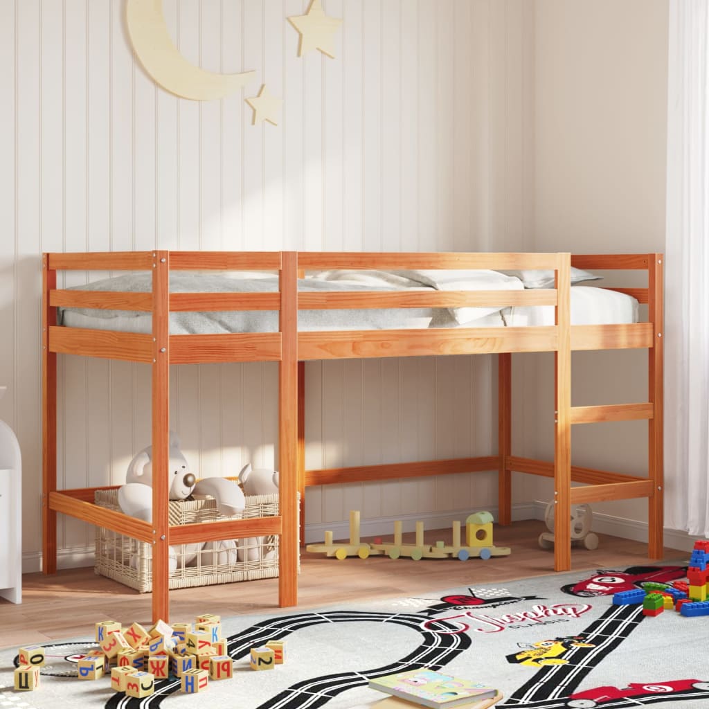 Letto Soppalco con Scala Bambini Marrone 90x200cm Massello Pino