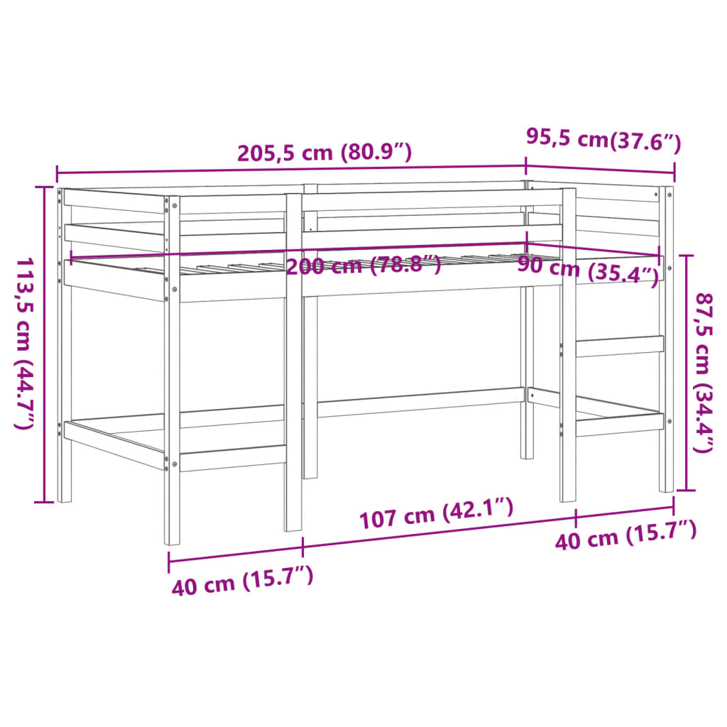 Letto Soppalco con Scala Bambini Marrone 90x200cm Massello Pino