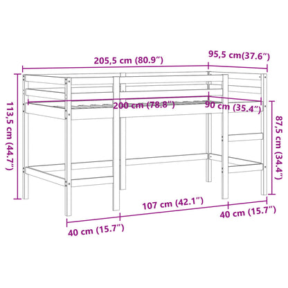 Letto Soppalco con Scala Bambini Marrone 90x200cm Massello Pino