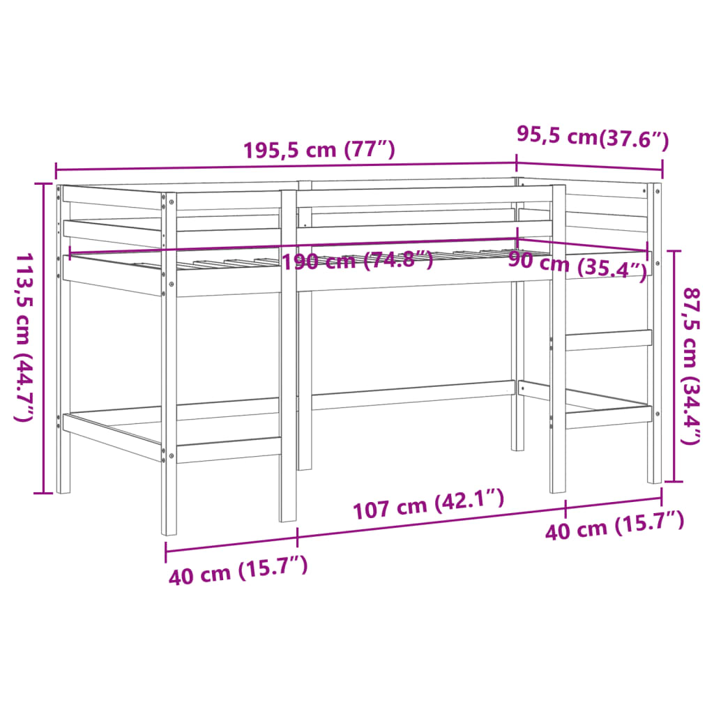 Letto Soppalco con Scala Bambini Marrone 90x190cm Massello Pino