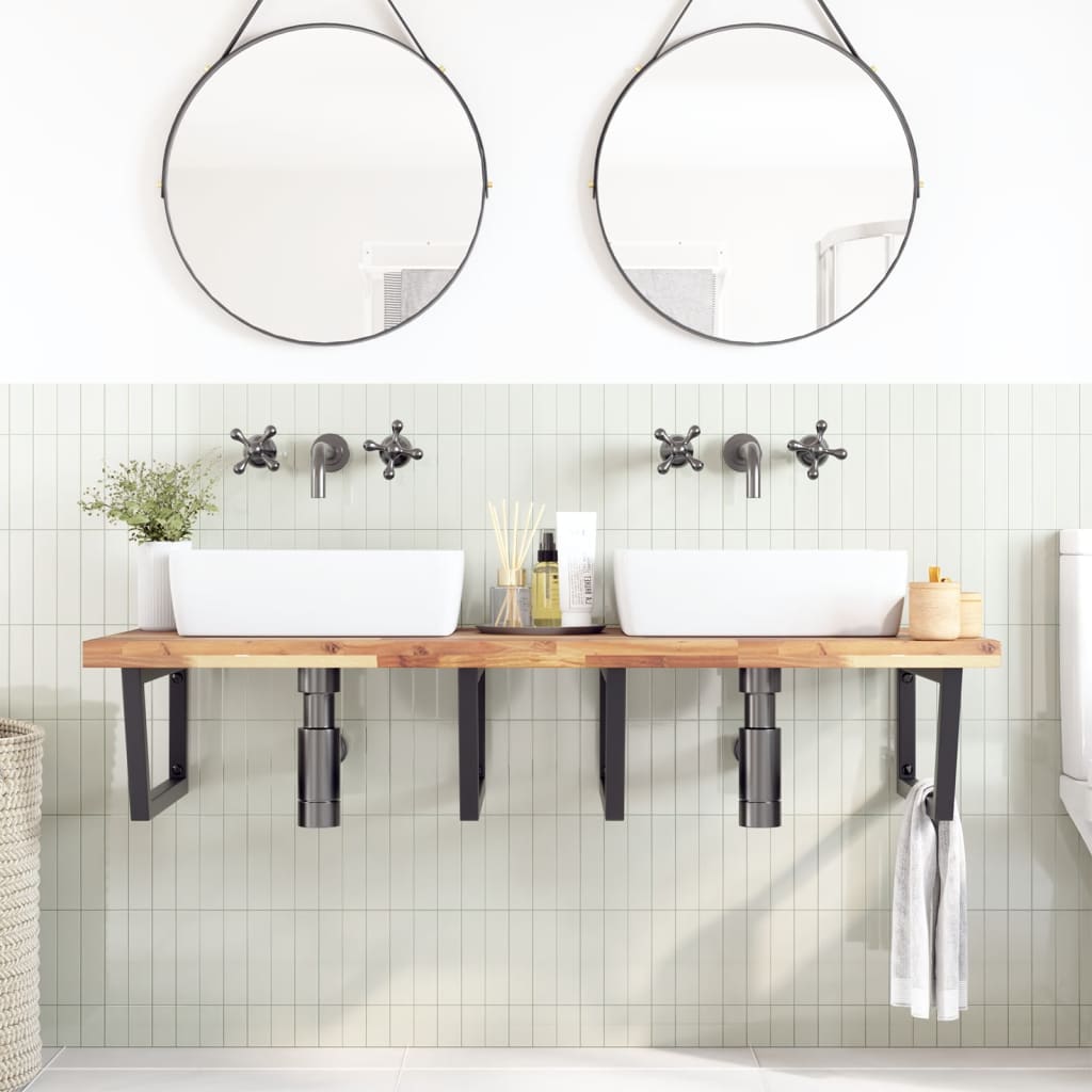 Ripiano a Parete per Lavabo in Acciaio e Massello di Acacia