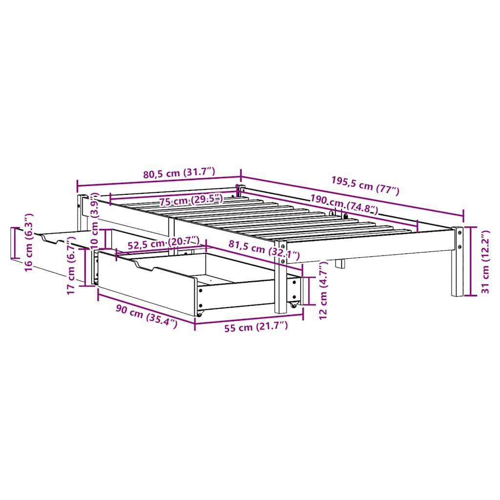 Letto senza Materasso Marrone Cera 75x190 cm in Legno di Pino | homemem39