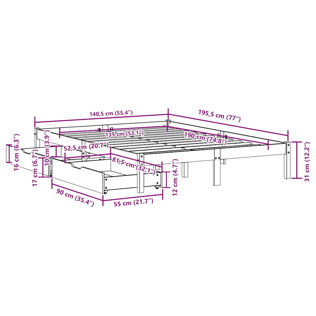 Letto senza Materasso Marrone Cera 135x190 cm in Legno di Pino | homemem39