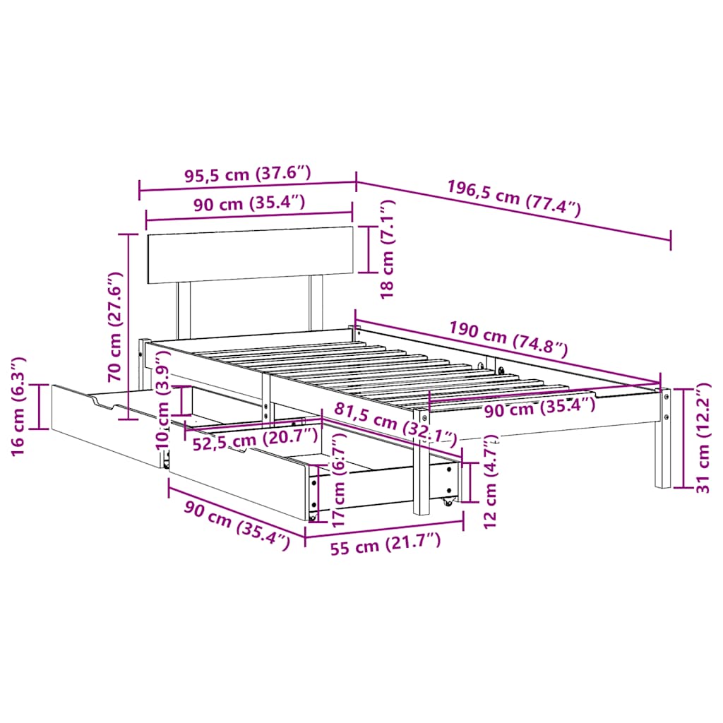Letto senza Materasso Bianco 90x190 cm in Legno Massello Pino | homemem39