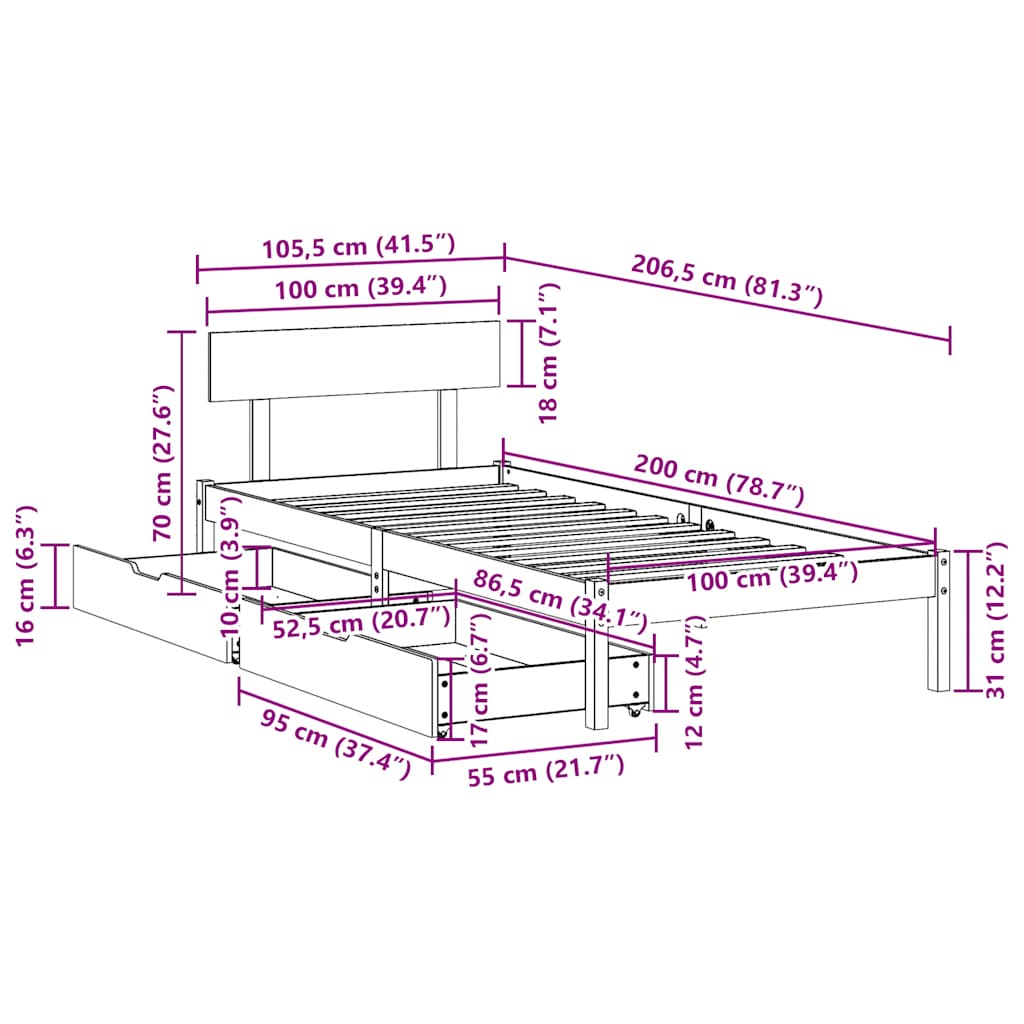 Giroletto senza Materasso Bianco 100x200 cm Legno Massello Pino | homemem39