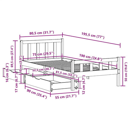 Letto senza Materasso Marrone Cera 75x190 cm in Legno di Pino | homemem39