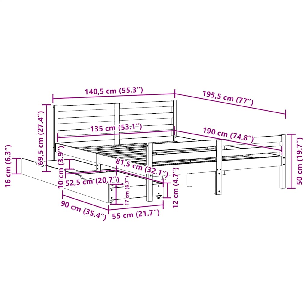 Letto senza Materasso 135x190 cm in Legno Massello di Pino
