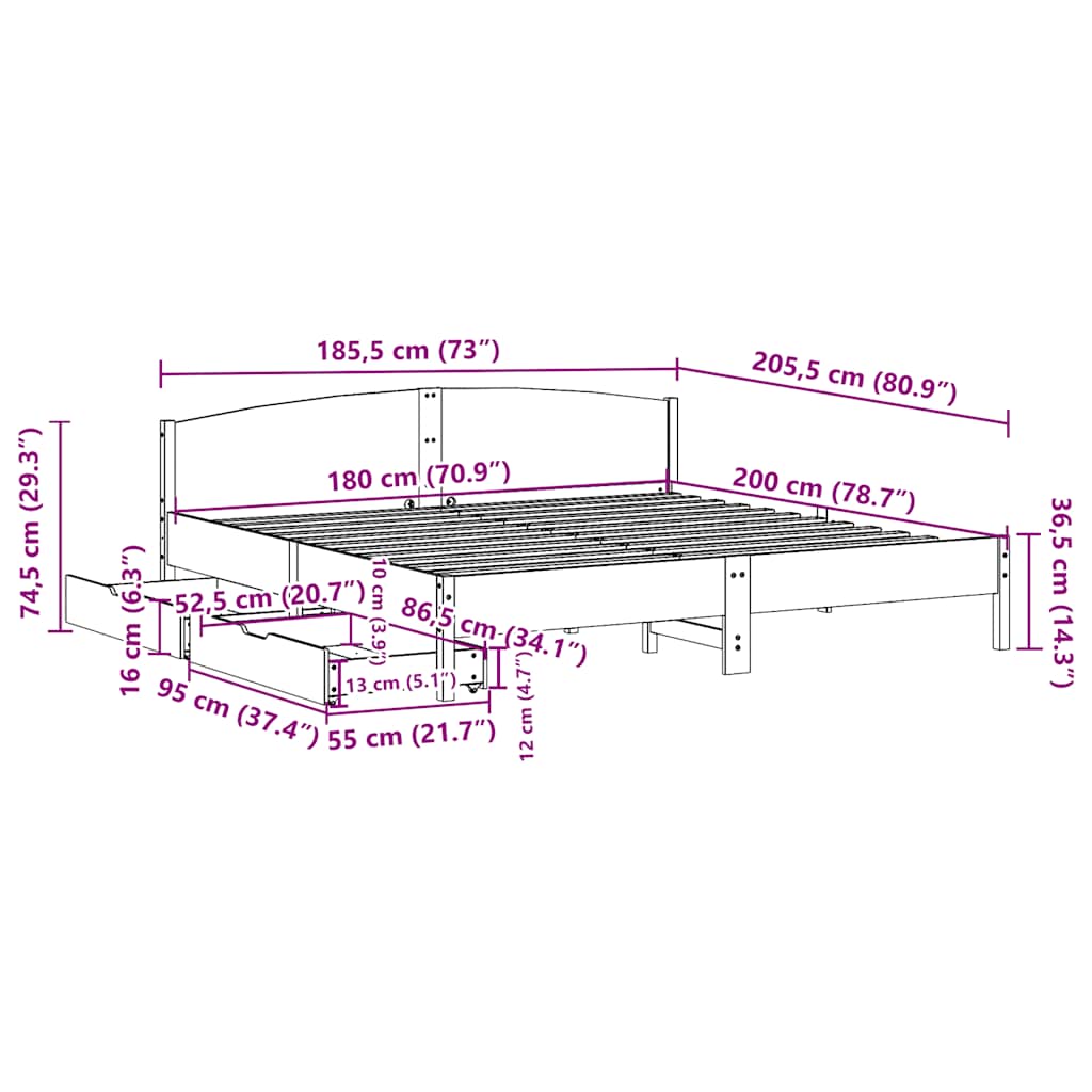 Letto senza Materasso Bianco 180x200 cm Legno Massello di Pino | homemem39