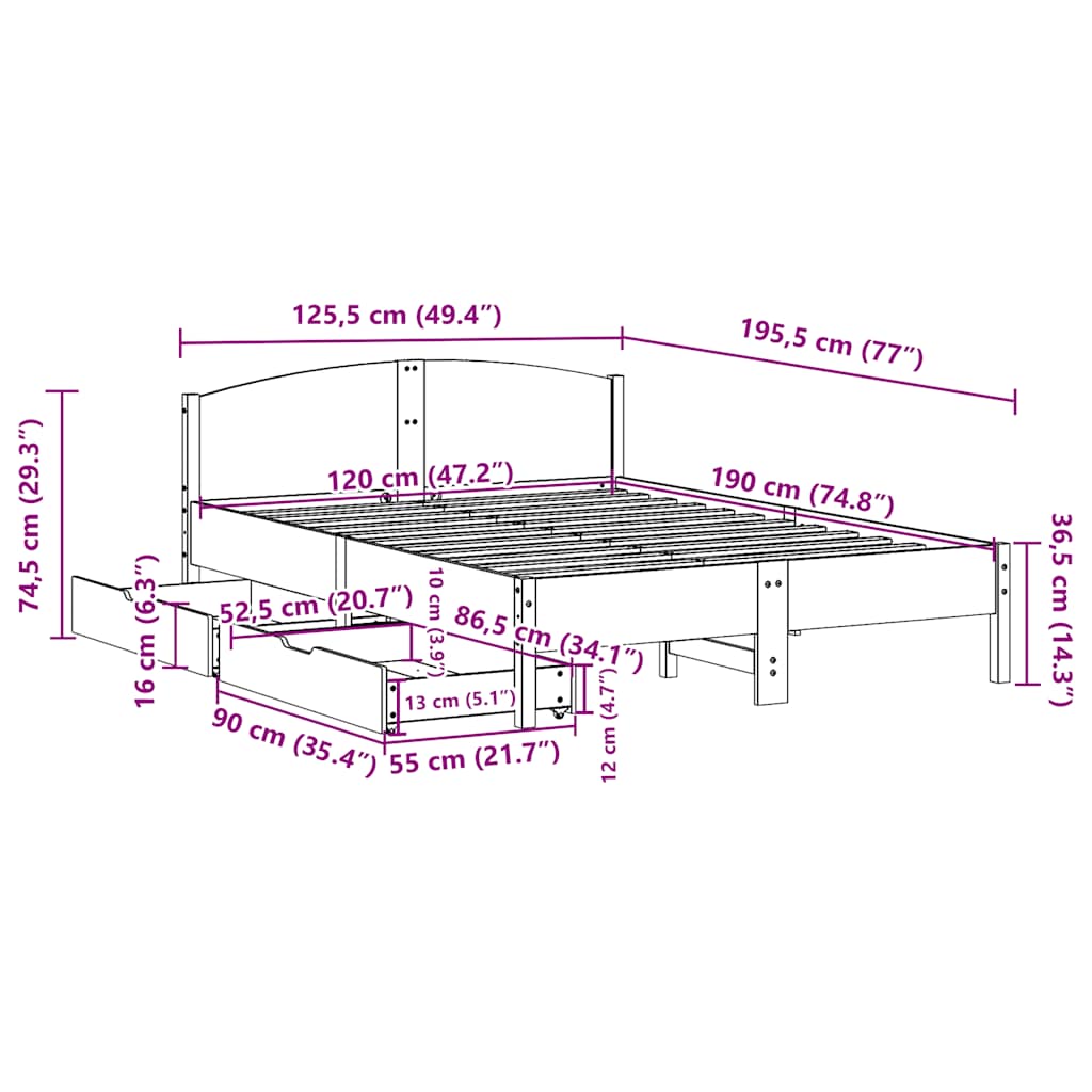 Letto senza Materasso Marrone Cera 120x190 cm in Legno di Pino | homemem39