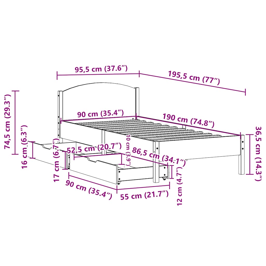 Letto senza Materasso Marrone Cera 90x190 cm in Legno di Pino | homemem39