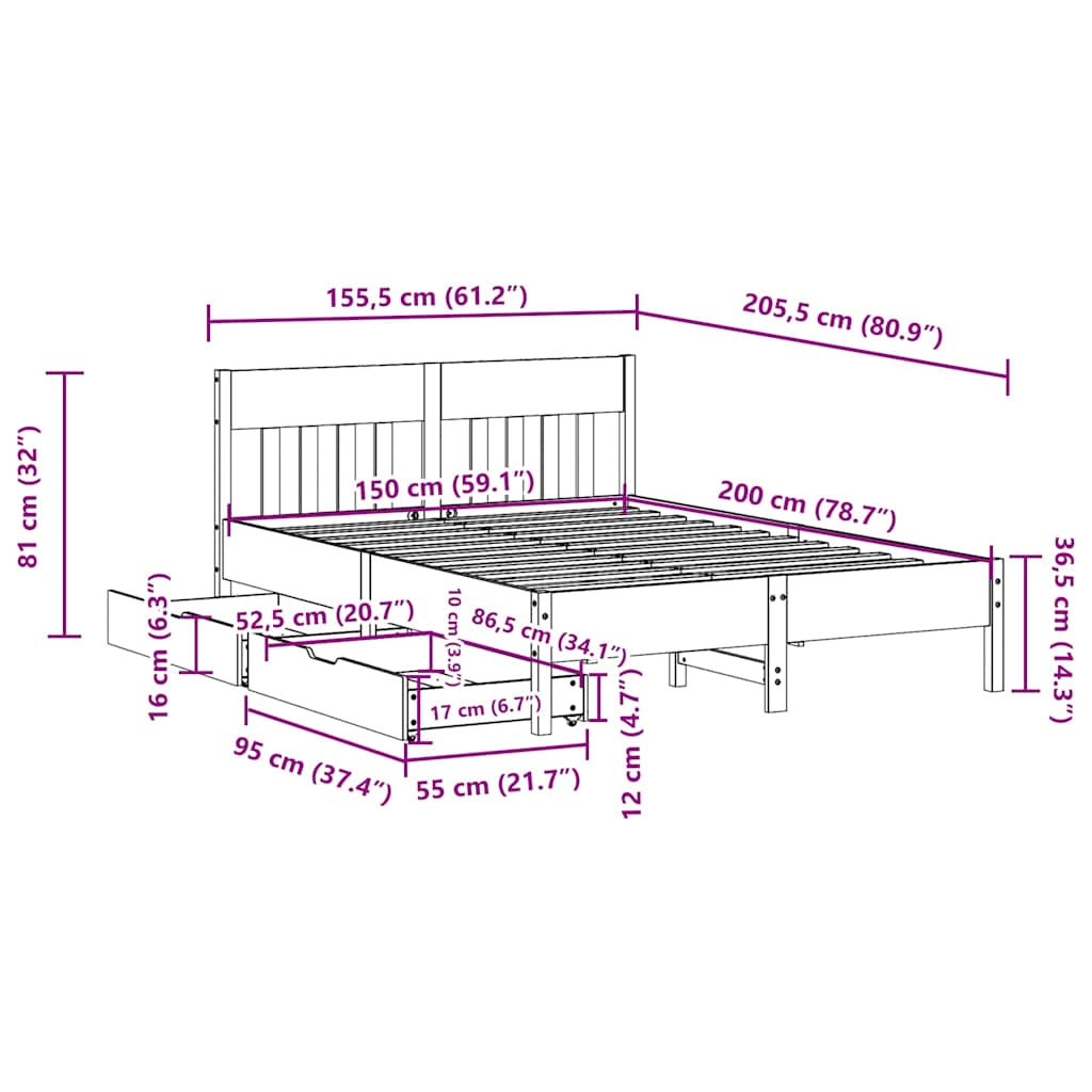 Letto senza Materasso Bianco 150x200 cm Legno Massello di Pino | homemem39