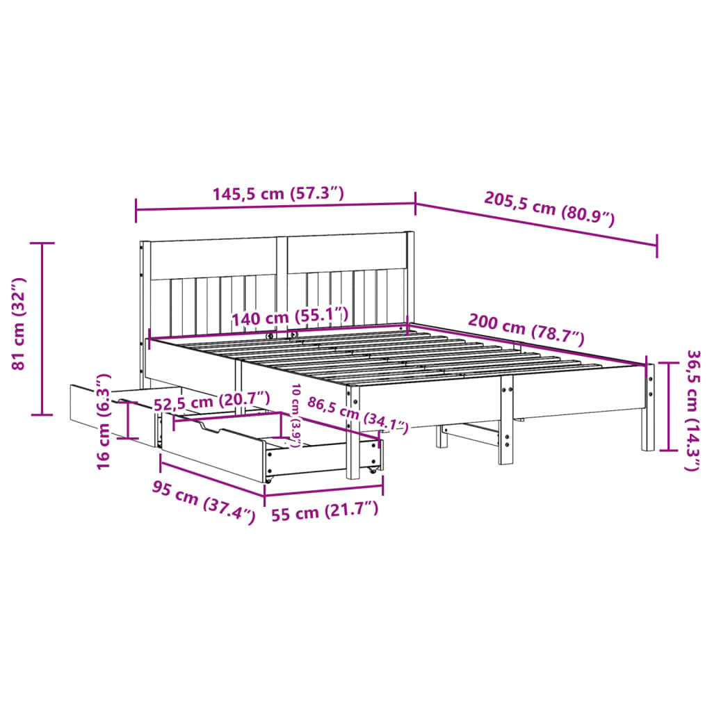 Letto senza Materasso Bianco 140x200 cm Legno Massello di Pino