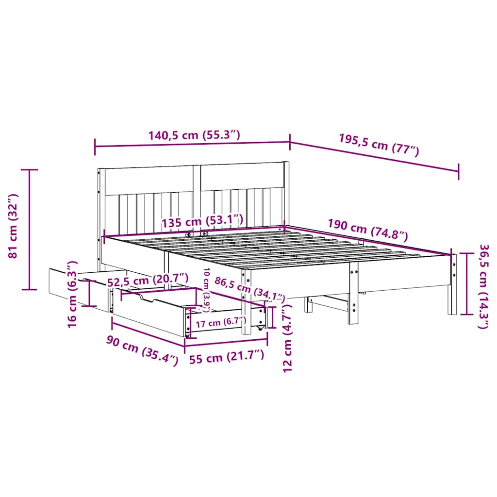 Letto senza Materasso Marrone Cera 135x190 cm in Legno di Pino | homemem39