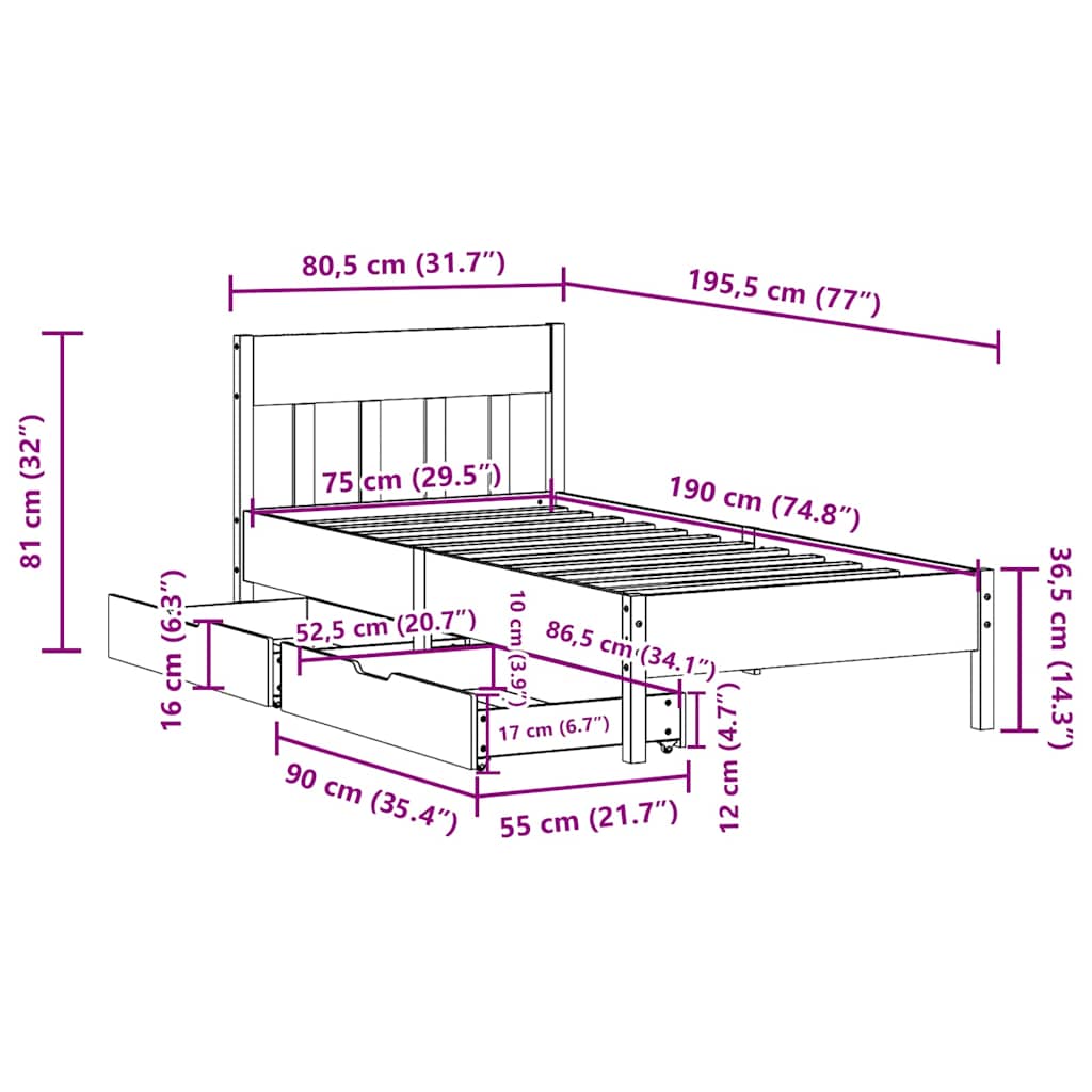 Letto senza Materasso Marrone Cera 75x190 cm in Legno di Pino | homemem39