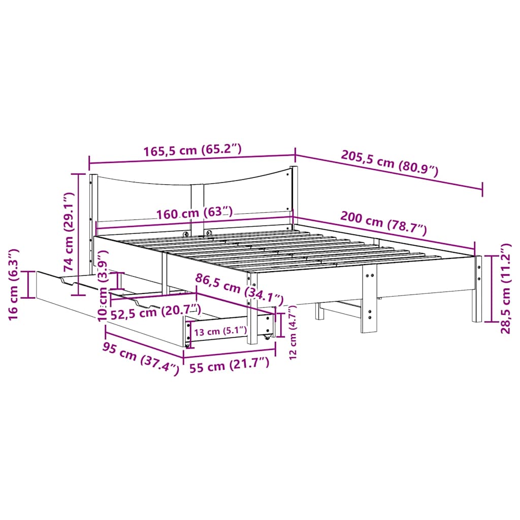 Giroletto con Cassetti Bianco 160x200 cm Legno Massello di Pino | homemem39