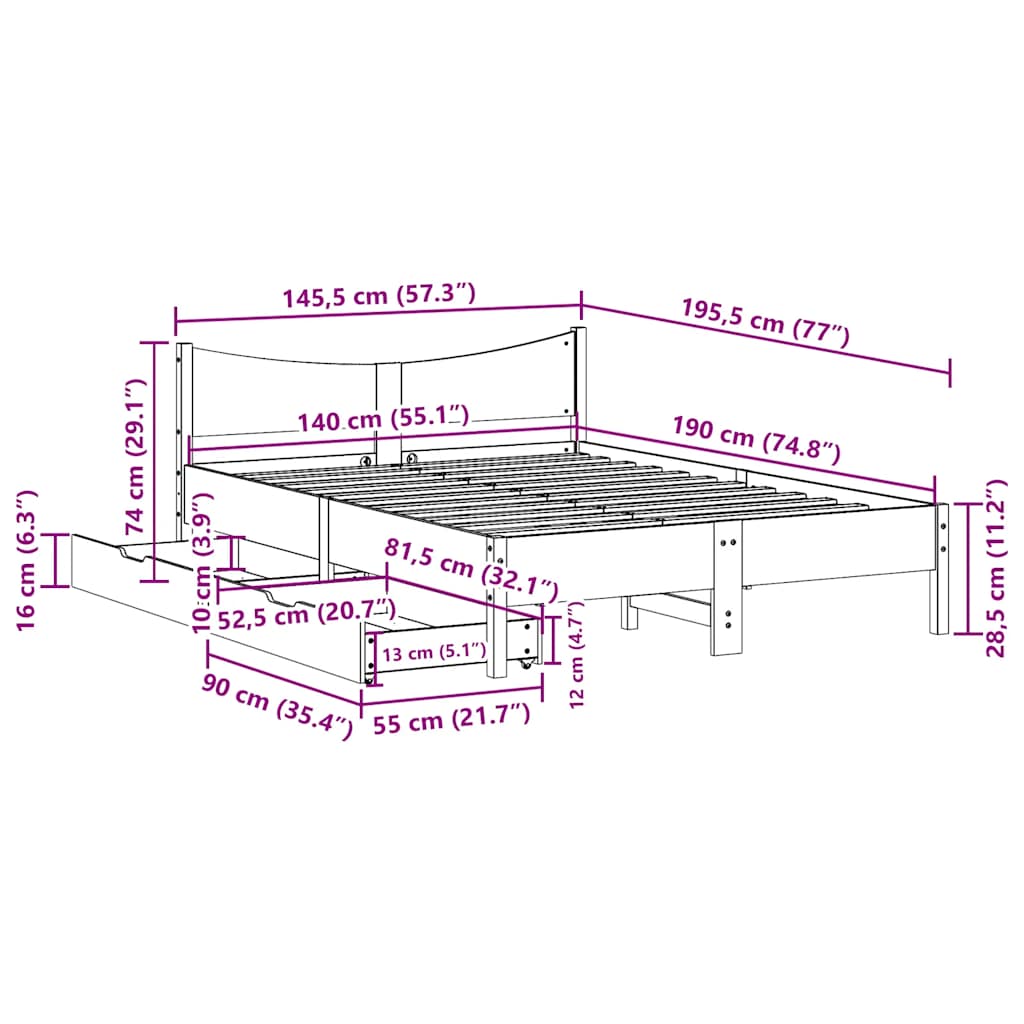 Giroletto Cassetti Marrone Cera 140x190 cm Legno Massello Pino | homemem39