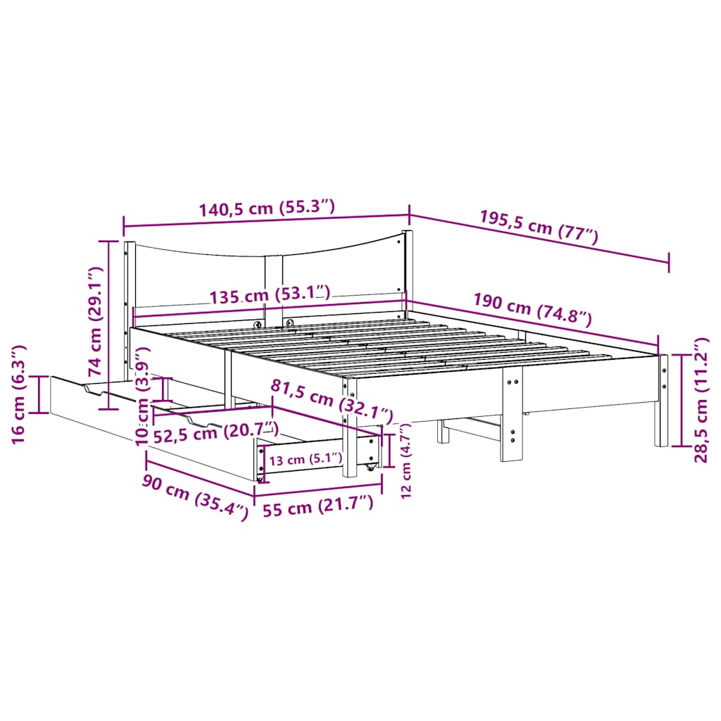 Giroletto con Cassetti Bianco 135x190 cm Legno Massello di Pino | homemem39