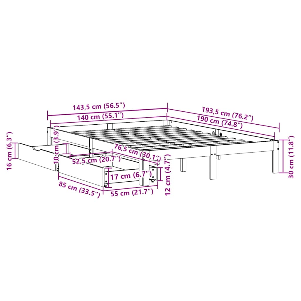 Giroletto con Cassetti 140x190 cm in Legno Massello di Pino | homemem39