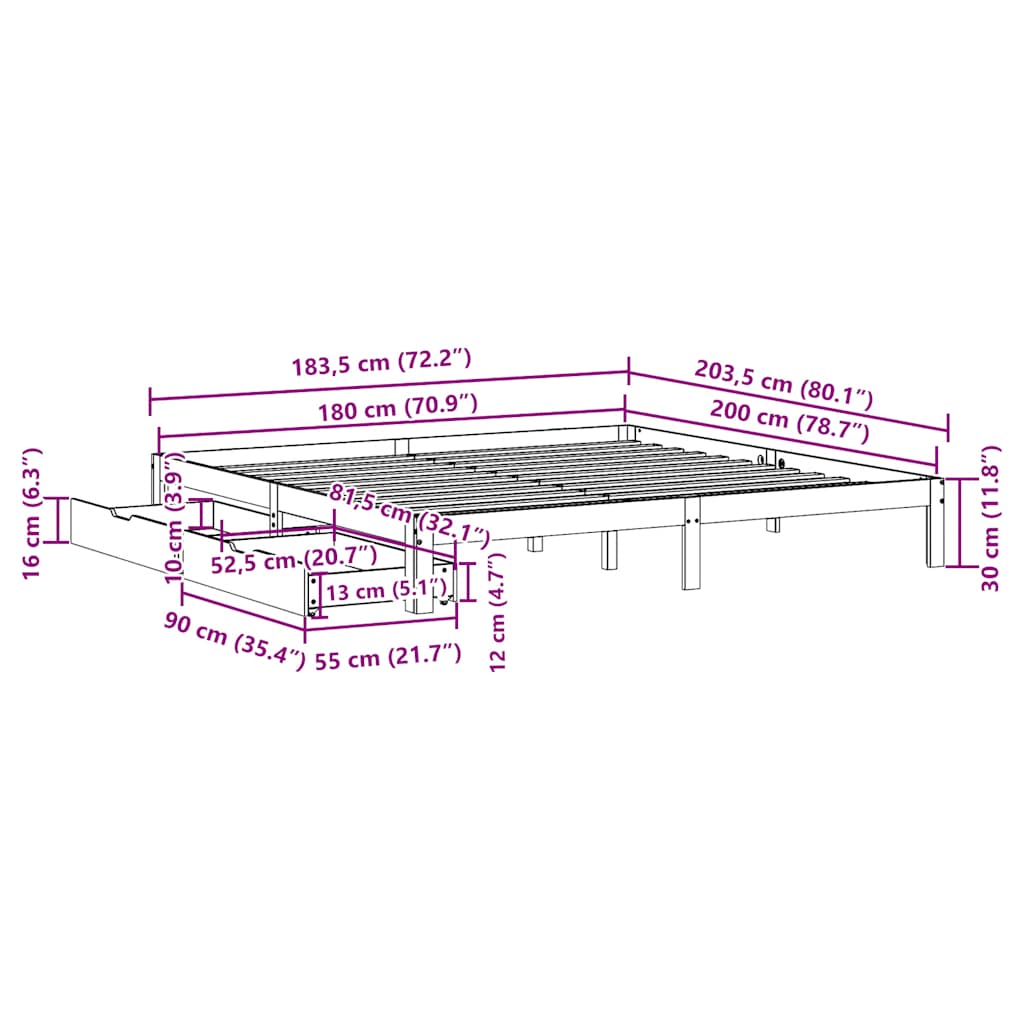Giroletto con Cassetti Bianco 180x200 cm Legno Massello di Pino | homemem39