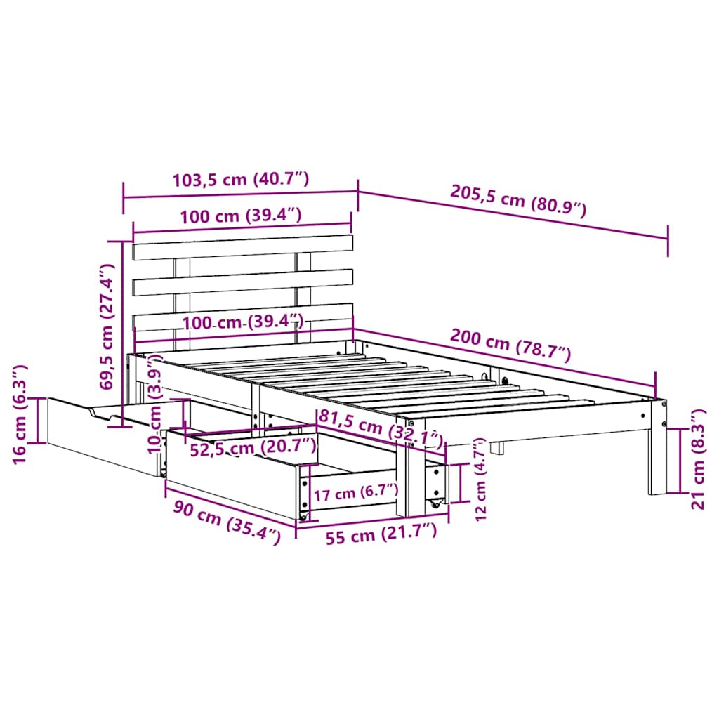 Giroletto con Cassetti Bianco 100x200 cm Legno Massello di Pino | homemem39