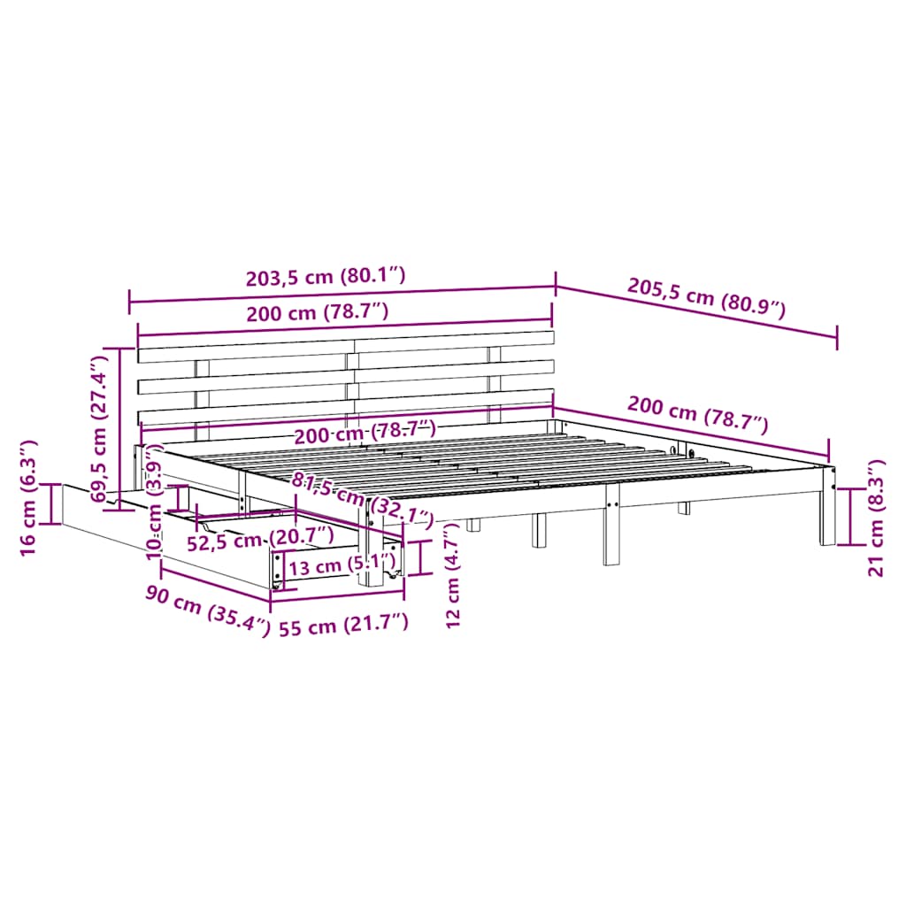 Giroletto con Cassetti Bianco 200x200 cm Legno Massello di Pino - homemem39